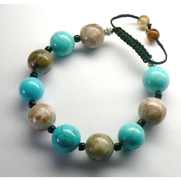 TURQUOISE & Jasper Beaded BRACELET Adjustable - Picture 2 of 3